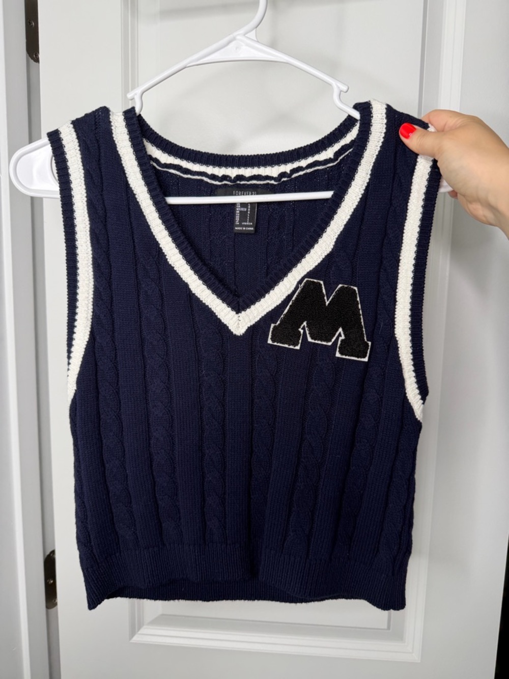Forever 21 Navy and White Cable Knit V-Neck Sweater Vest with M Patch